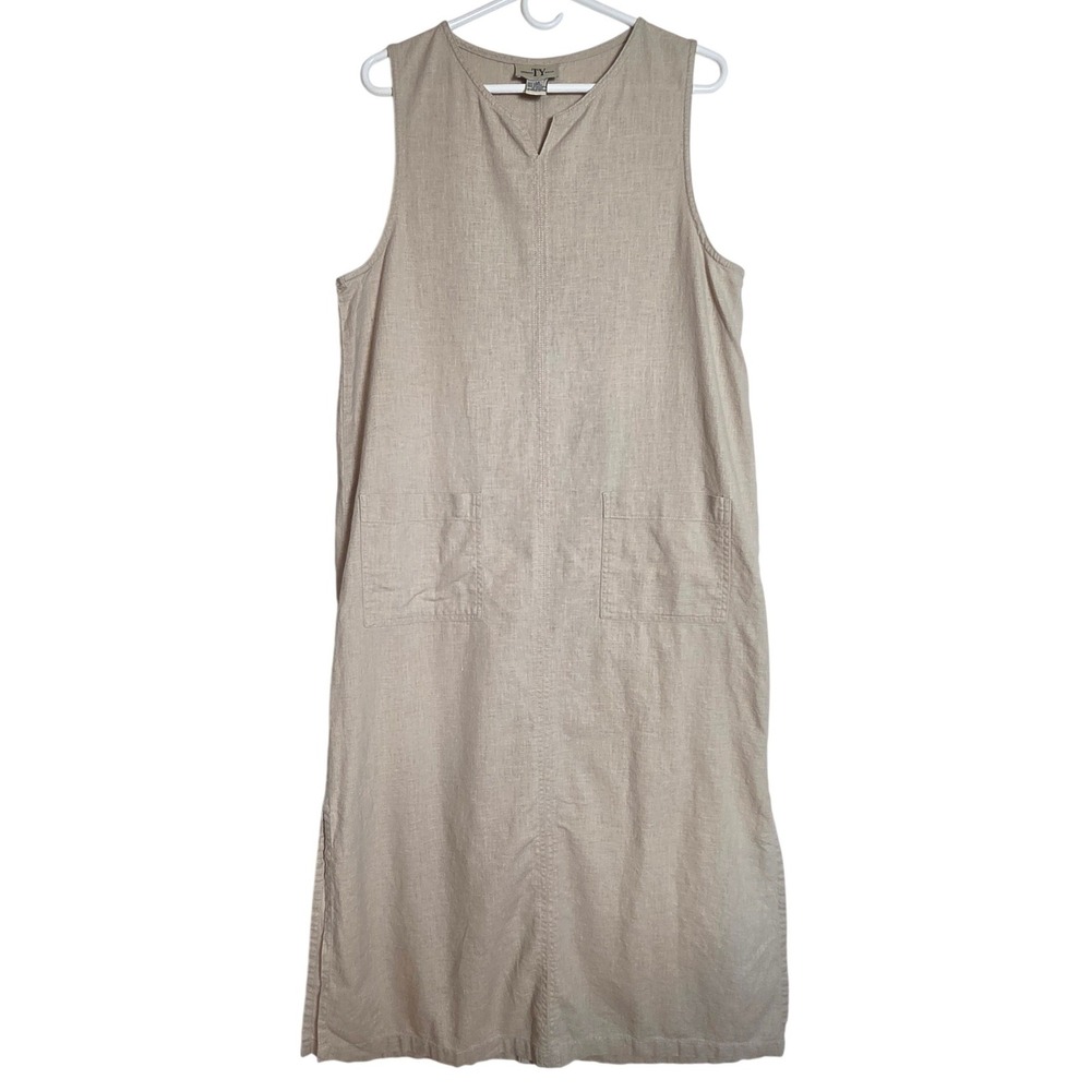 Original TY Wear Linen Cotton Tan Midi Dress Pocket 90s Modest Coastal Grandma
